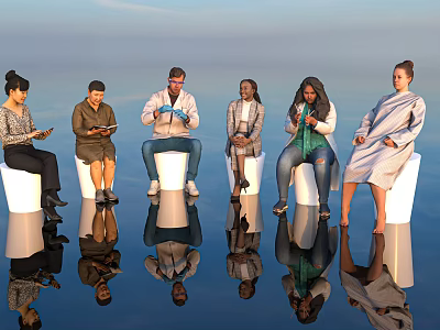 Diverse People Seated On White Stools Using Devices With Open Sky And Water Reflections 3d model