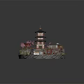 Cartoon Scene Featuring Multi Story Tower Red Torii Gate Japanese Houses And Pink Cherry Blossoms