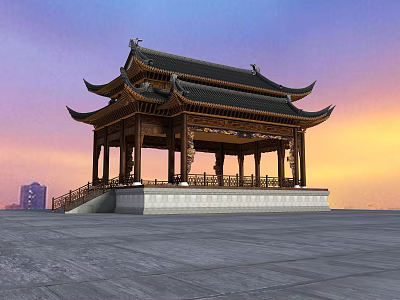 Traditional Chinese Pavilion Architecture With Upturned Eaves Carved Details Sunset Sky And Stone Ground 3d model