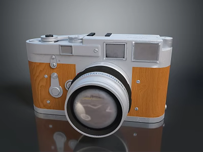 Vintage Retro Camera With Silver Body Wooden Panels And Classic Lens 3d model