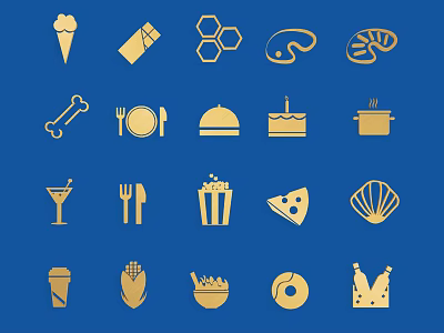 Golden Food And Utensil Themed Wall Decor With Blue Background Icons 3d model