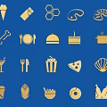 Golden Food And Utensil Themed Wall Decor With Blue Background Icons