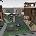 Courtyard Garden Design With Wooden Deck Colorful Chairs Dining Table Green Plants And Brick Walls
