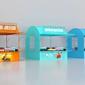 Colorful Commercial Equipment Kiosks in Orange Blue Light Blue for Beverage Sales with Display Shelves