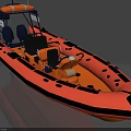 Orange Inflatable Boat With Two Blue Engines Lifebuoy Interior Seats And Steering Wheel