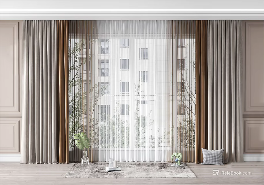 Modern Sheer And Linen Curtains For Living Room Window With Green Plants And Carpet 3d model 