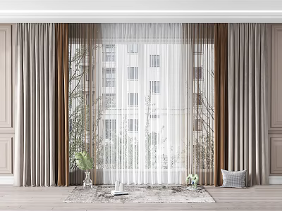 Modern Sheer And Linen Curtains For Living Room Window With Green Plants And Carpet 3d model