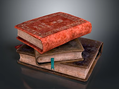 Stack of Three Books with Red Patterned Cover Green Bookmark and Dark Base 3d model