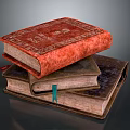 Stack of Three Books with Red Patterned Cover Green Bookmark and Dark Base 3d model