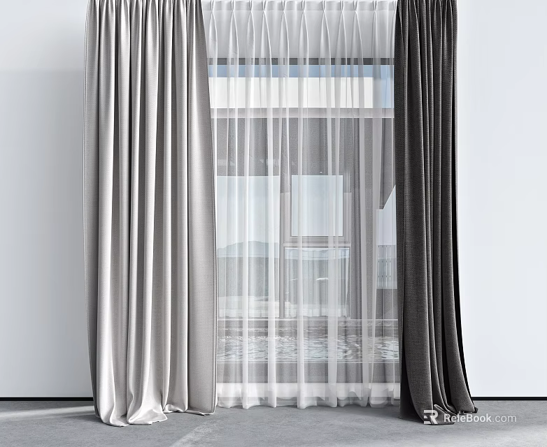 Modern Two Tone Gray Velvet Curtains With Sheer Panels For Window Interior 3d model