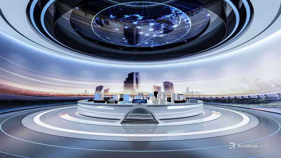 Futuristic Studio Interior With Circular Console Spherical Digital Globe And City Skyline 3d model 