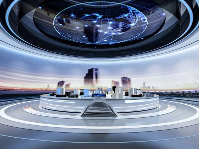 Futuristic Studio Interior With Circular Console Spherical Digital Globe And City Skyline 3d model