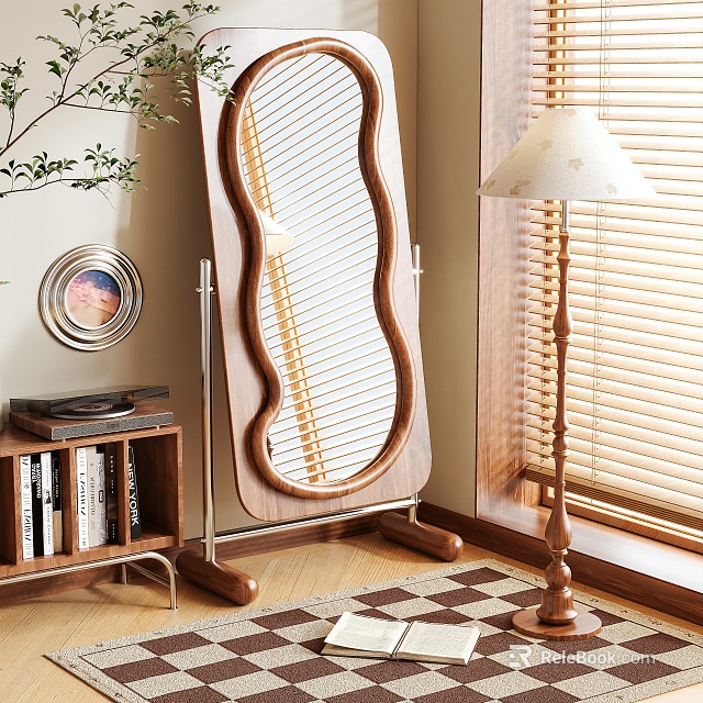 Floor Standing Mirror With Wooden Curved Frame Floor Lamp Bookshelf Checkered Rug And Green Plant 3d model 