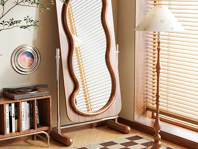Floor Standing Mirror With Wooden Curved Frame Floor Lamp Bookshelf Checkered Rug And Green Plant 3d model