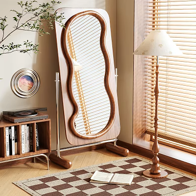 Floor Standing Mirror With Wooden Curved Frame Floor Lamp Bookshelf Checkered Rug And Green Plant 3d model