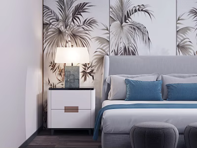 Modern Bedside Table With Lamp And Palm Leaf Pattern Wall Beside Bed Blue Pillows 3d model