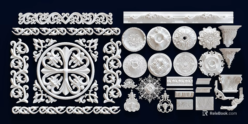Intricate Ornate Carved Decorative Elements With Rosettes Floral Borders And Detailed Patterns 3d model 