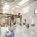 Stylish Modern Hair Salon Interior With Arched Mirrors And Comfortable Orange Chairs