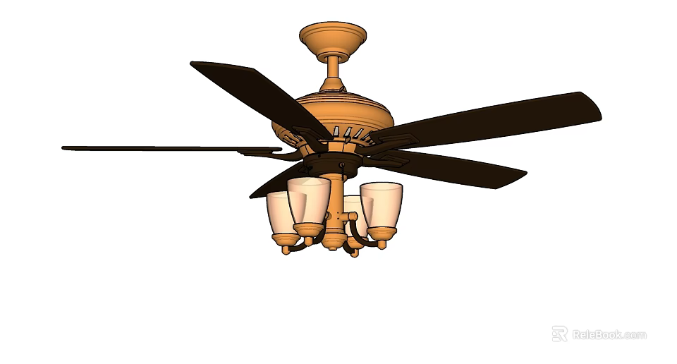 Wooden Ceiling Fan With Black Blades And Light Fixtures For Indoor Home Decor 3d model 