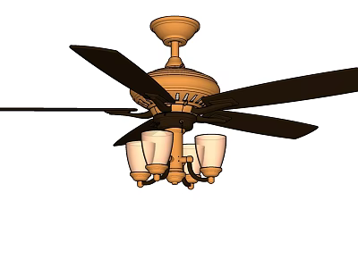 Wooden Ceiling Fan With Black Blades And Light Fixtures For Indoor Home Decor 3d model