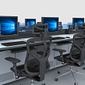 Multiple Office Desks With Computers And Chairs Arranged In Modern Workspace 3d model