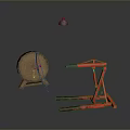 Red Forklift and Wooden Barrel on Stand with Hanging Blue Lamp