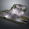 Modern Skate Park Design With Ramps Paths Seats Lights And Green Areas