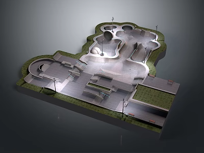 Modern Skate Park Design With Ramps Paths Seats Lights And Green Areas 3d model