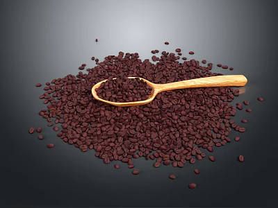 Heap of Fresh Roasted Coffee Beans with Wooden Spoon on Black Surface 3d model