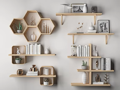 Stylish Wooden Wall Cabinets With Books Decor Items And Green Plants For Home Interior 3d model