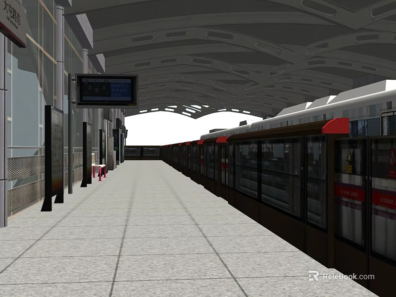 Modern Subway Station Platform With Train Ceiling Display Screen And Seats 3d model