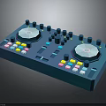 Blue DJ Mixer With Two Turntables Multiple Knobs And Colored Buttons