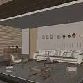 Warm Hotel Public Lounge Area With Wooden Walls Beige Sofa Pottery Decorations And Rattan Stools