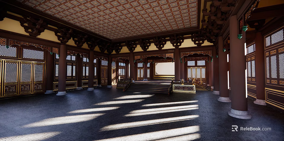 Ancient Architecture Interior With Ornate Wooden Ceiling Traditional Windows And Stone Floor 3d model 