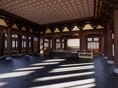 Ancient Architecture Interior With Ornate Wooden Ceiling Traditional Windows And Stone Floor 3d model