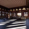Ancient Architecture Interior With Ornate Wooden Ceiling Traditional Windows And Stone Floor