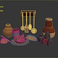 Ceramic Wooden and Copper Household Items with Pots Bowls Spoons Plates and Containers