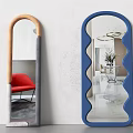 Stylish Wall Mirrors With Curved Wooden Handle And Blue Wavy Frame For Home Decor