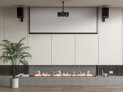 Projection Monitoring Setup With Projector Projection Screen Speakers And Fireplace In Modern Interior 3d model