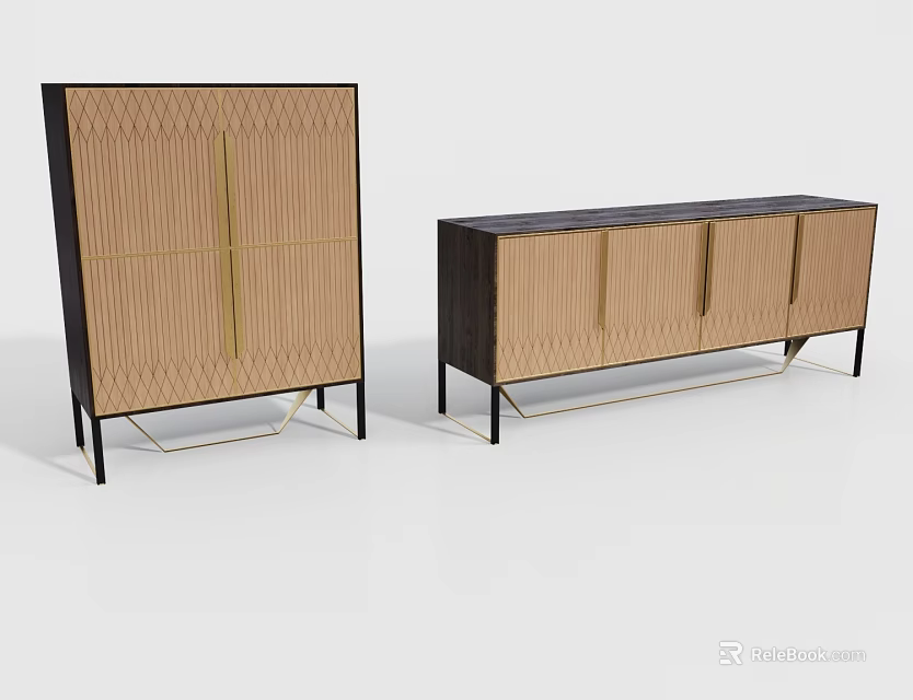 Modern Wooden Entryway Cabinet And Sideboard With Decorative Design And Metal Legs 3d model 