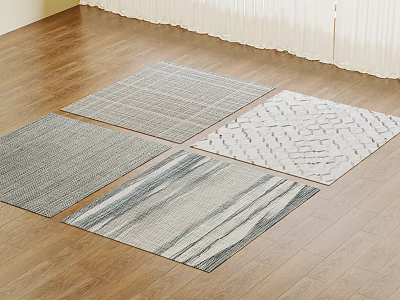 Square Rugs in Gray Tones with Striped and Geometric Patterns on Wooden Floor 3d model
