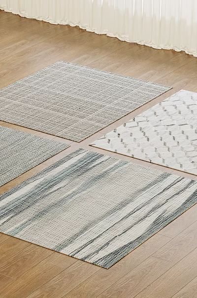 Square Rugs in Gray Tones with Striped and Geometric Patterns on Wooden Floor 3d model