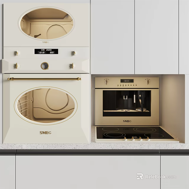 SMEG Kitchen Appliances With Built in Oven Microwave And Stove Top In White Cabinets 3d model 