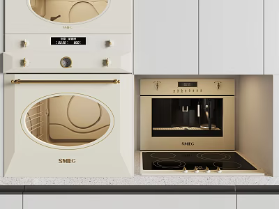 SMEG Kitchen Appliances With Built in Oven Microwave And Stove Top In White Cabinets 3d model