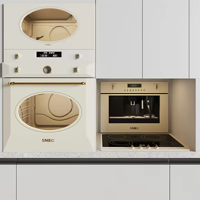 SMEG Kitchen Appliances With Built in Oven Microwave And Stove Top In White Cabinets 3d model