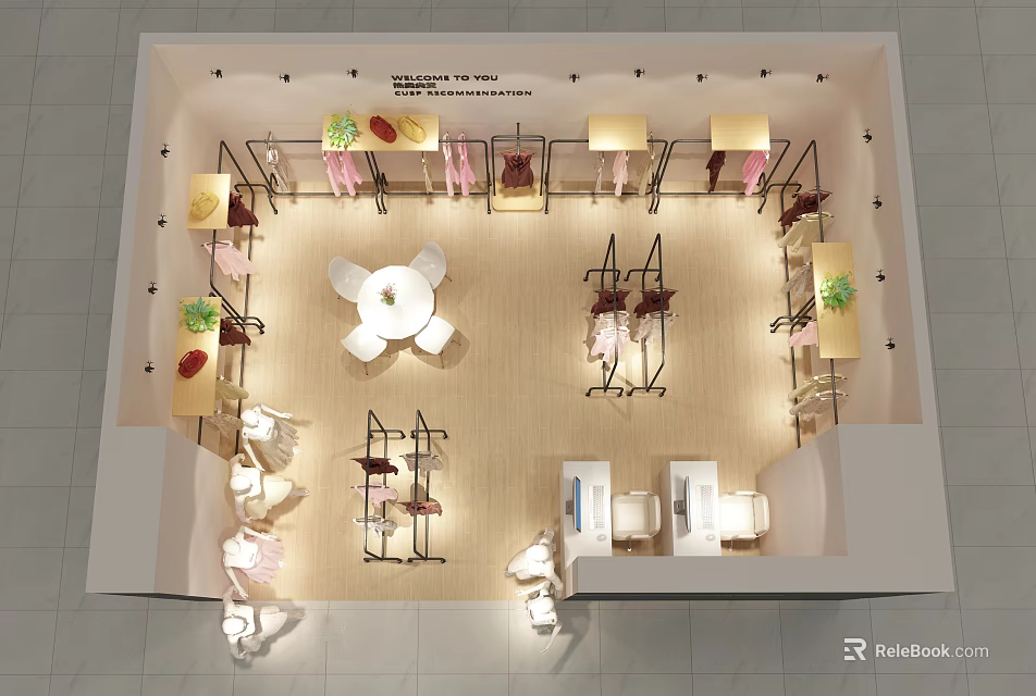 Modern Clothing Store Interior With Organized Racks Display Tables And Decorative Plants 3d model 