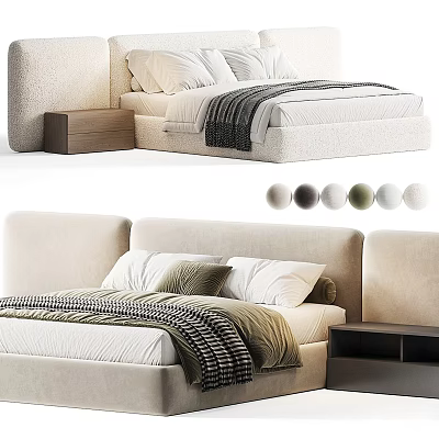Modern Upholstered Double Bed with Pillow Blanket and Nightstand in Multiple Color Options 3d model