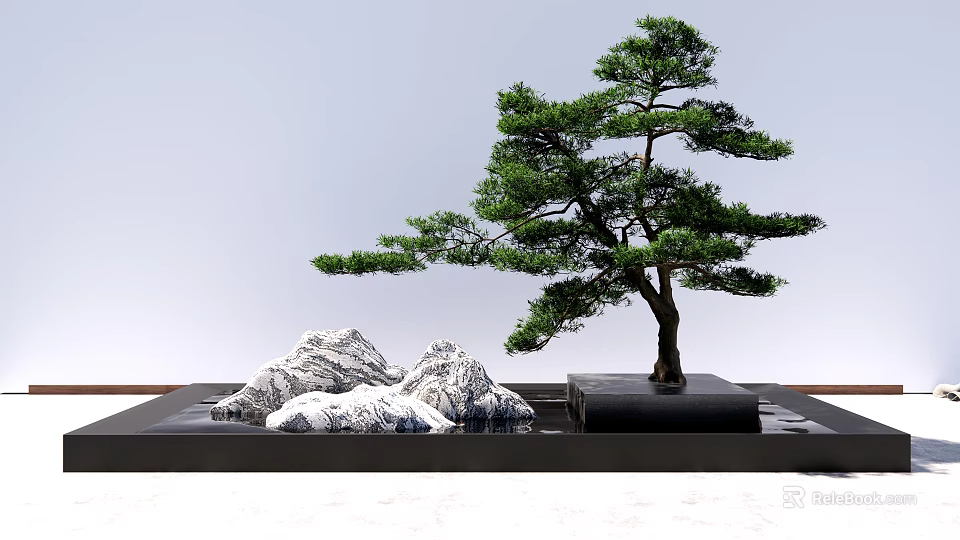 Traditional Zen Garden Design Featuring Bonsai Pine Tree and Decorative Rocks 3d model 