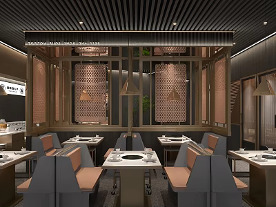 Modern Hotpot Restaurant Interior With Comfortable Seating Dining Tables And Stylish Decor Lighting 3d model