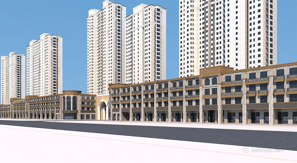 Modern High Rise Residential Building With Low Rise Structures And Street View 3d model 